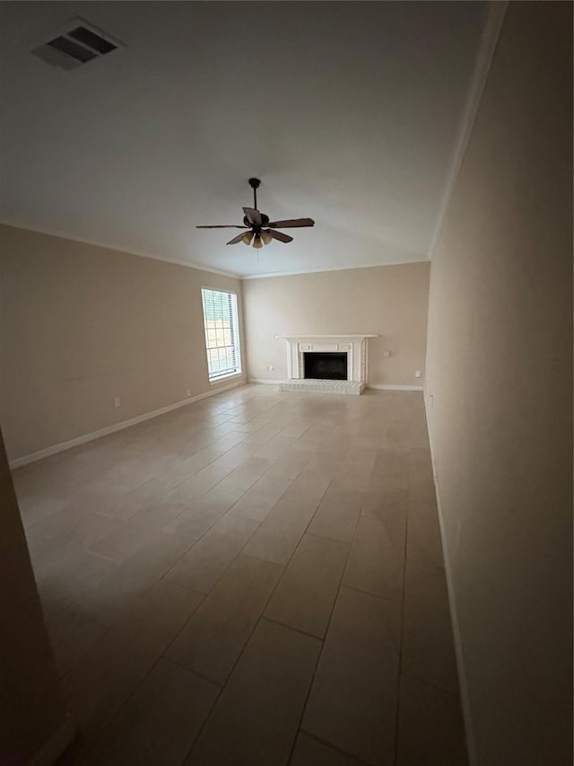18530 Denise Dale Ln, Houston, TX 77084 - unfurnished living room featuring ceiling fan, a fireplace, and wood finished floors