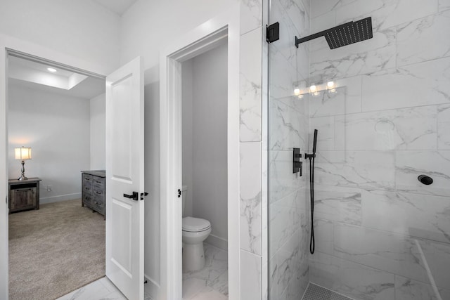 1711 Bardwell St, Houston, TX 77009 - bathroom with a marble finish shower, toilet, marble look tiles, baseboards, and vanity