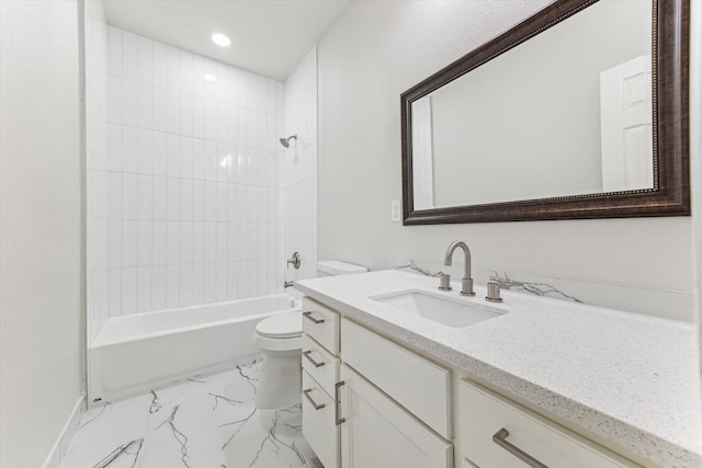 11706 Palmsprings Dr, Houston, TX 77034 - full bathroom featuring vanity, toilet, marble finish floors, shower / tub combination, and recessed lighting