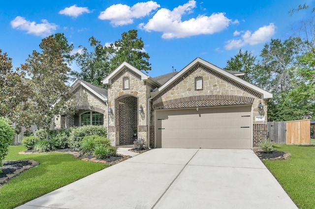 138 Verismo Ct, Montgomery, TX 77316 - french provincial home with stone siding, driveway, a garage, a gate, and brick siding