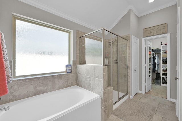 138 Verismo Ct, Montgomery, TX 77316 - bathroom with ornamental molding, a garden tub, a walk in closet, and a stall shower