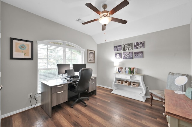 138 Verismo Ct, Montgomery, TX 77316 - office space with vaulted ceiling, a ceiling fan, and dark wood-style flooring