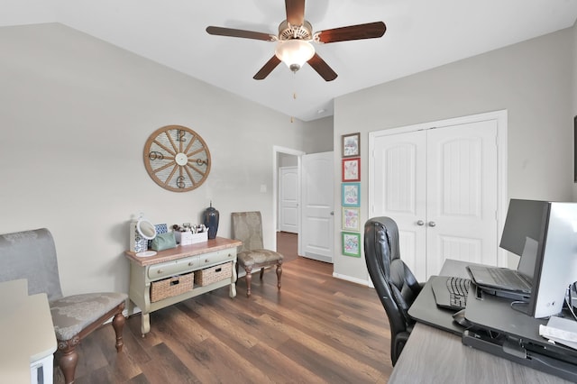 138 Verismo Ct, Montgomery, TX 77316 - office with ceiling fan and dark wood-style floors