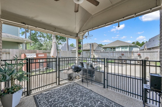 138 Verismo Ct, Montgomery, TX 77316 - fenced backyard featuring a residential view, a ceiling fan, area for grilling, and a gate