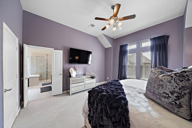 10812 Kyler Oaks Pl, Houston, TX 77043 - bedroom featuring light colored carpet, a ceiling fan, baseboards, and ensuite bathroom
