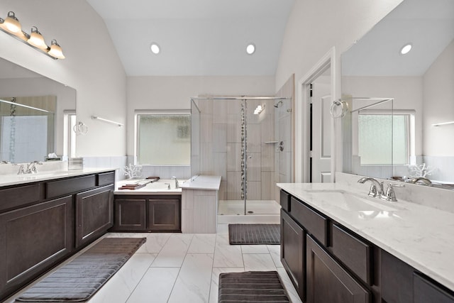 10812 Kyler Oaks Pl, Houston, TX 77043 - bathroom featuring a shower stall, two vanities, a garden tub, lofted ceiling, and marble finish floors