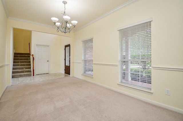 25314 Sandy Trace Ln, Katy, TX 77494 - unfurnished room featuring carpet, crown molding, a chandelier, and stairway