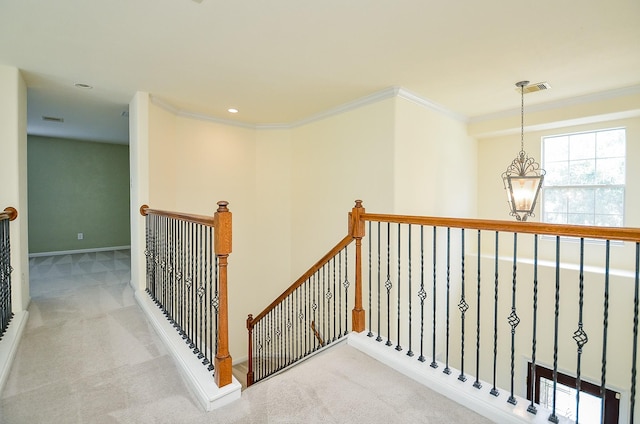 25314 Sandy Trace Ln, Katy, TX 77494 - corridor with an upstairs landing, carpet flooring, ornamental molding, a chandelier, and recessed lighting