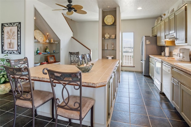3101 Diane, Crystal Beach, TX 77650 - kitchen featuring white dishwasher, a kitchen bar, a peninsula, a ceiling fan, and tile countertops