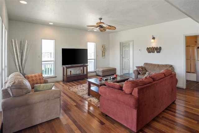 3101 Diane, Crystal Beach, TX 77650 - living area featuring wood finished floors, ceiling fan, and recessed lighting