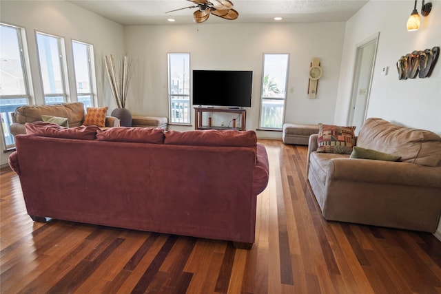 3101 Diane, Crystal Beach, TX 77650 - living area with a ceiling fan, dark wood finished floors, and recessed lighting