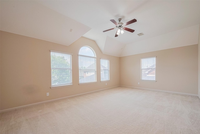 4211 Turtle Trails Ln, Sugar Land, TX 77479 - empty room with ceiling fan, baseboards, light colored carpet, and lofted ceiling