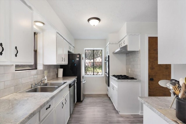 10518 Sageburrow Dr, Houston, TX 77089 - kitchen featuring a sink, appliances with stainless steel finishes, under cabinet range hood, light wood-style floors, and white cabinetry