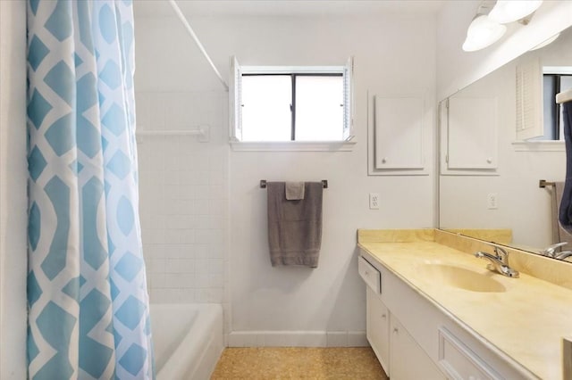 10518 Sageburrow Dr, Houston, TX 77089 - bathroom featuring vanity, baseboards, and shower / tub combo with curtain