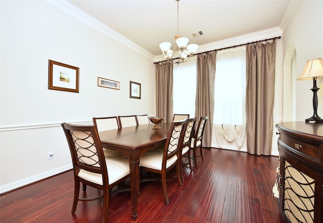 1226 Sopris Dr, Houston, TX 77077 - dining room with a chandelier, crown molding, baseboards, and dark wood-type flooring