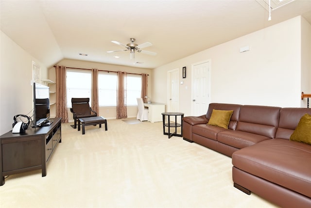 1226 Sopris Dr, Houston, TX 77077 - living area with a ceiling fan, light carpet, lofted ceiling, and attic access