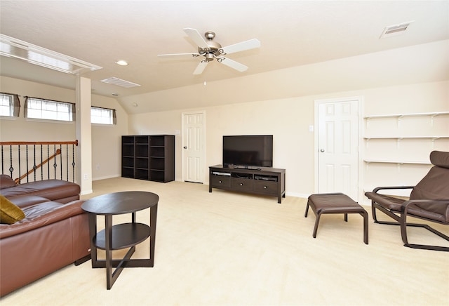 1226 Sopris Dr, Houston, TX 77077 - living room with baseboards, light colored carpet, ceiling fan, and vaulted ceiling