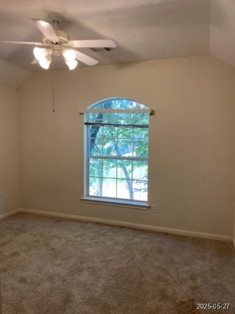 151 Prairie Dawn Cir, Conroe, TX 77385 - spare room with lofted ceiling, carpet, baseboards, and a ceiling fan