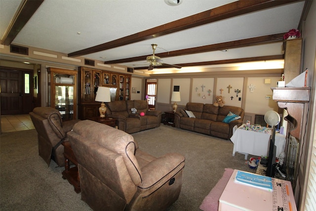 32226 Divot Dr, Waller, TX 77484 - carpeted living room with ceiling fan and beamed ceiling