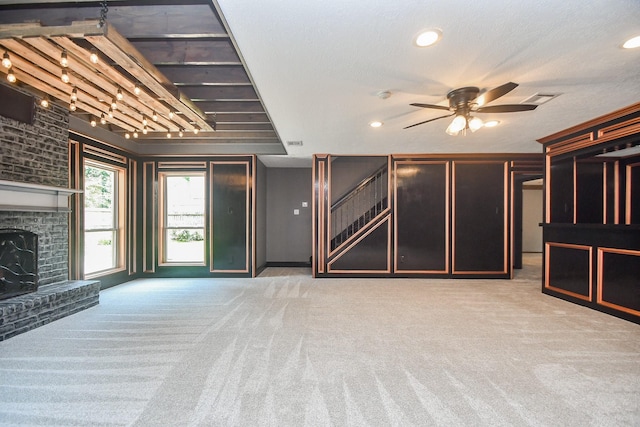 12903 Cluster Pine Dr, Cypress, TX 77429 - unfurnished living room featuring carpet, ceiling fan, a brick fireplace, and recessed lighting