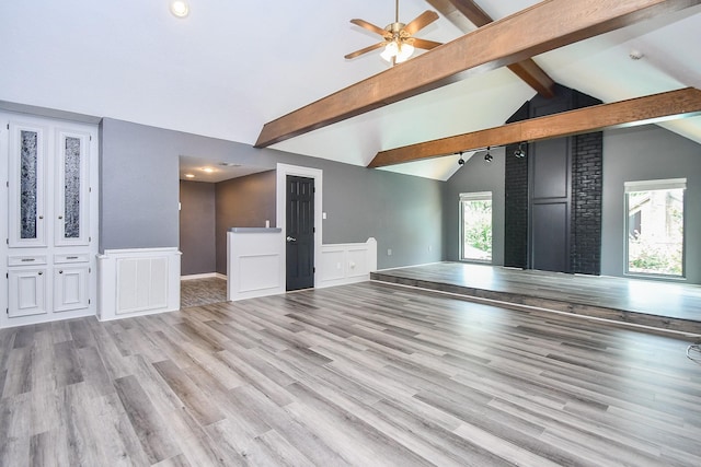 12903 Cluster Pine Dr, Cypress, TX 77429 - unfurnished living room featuring beam ceiling, light wood finished floors, ceiling fan, high vaulted ceiling, and recessed lighting