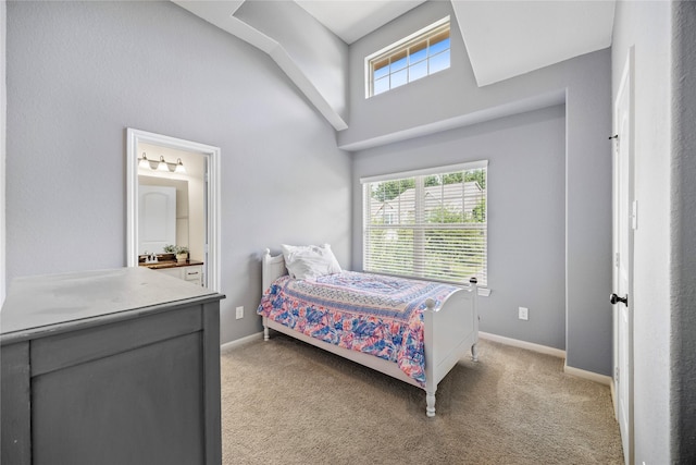 122 Cheswood Forest Dr, Montgomery, TX 77316 - bedroom featuring light colored carpet, a towering ceiling, and connected bathroom