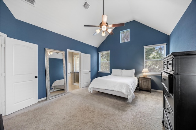 122 Cheswood Forest Dr, Montgomery, TX 77316 - bedroom with carpet flooring, a ceiling fan, high vaulted ceiling, and ensuite bath