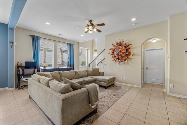 122 Cheswood Forest Dr, Montgomery, TX 77316 - living area with ceiling fan, light tile patterned floors, arched walkways, stairs, and recessed lighting