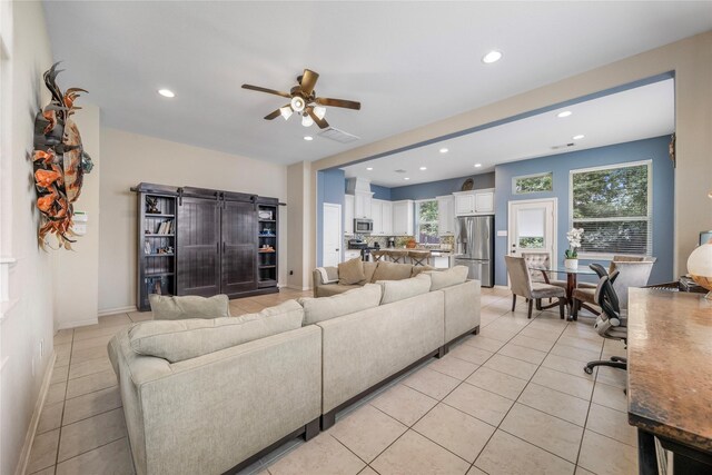 122 Cheswood Forest Dr, Montgomery, TX 77316 - living area with ceiling fan, recessed lighting, and light tile patterned floors