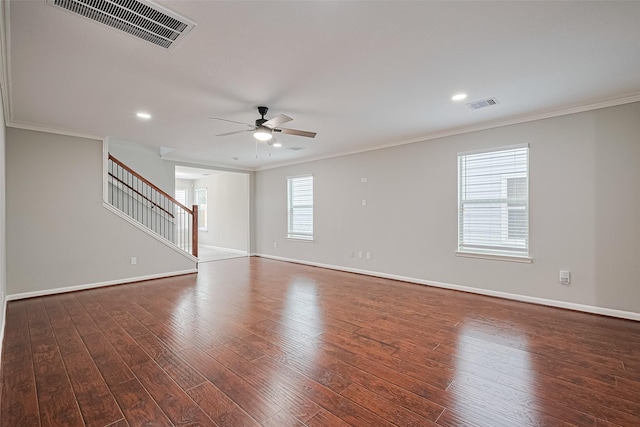 6723 Green Pear Ln, Houston, TX 77049 - unfurnished room with crown molding, a ceiling fan, stairs, wood finished floors, and recessed lighting