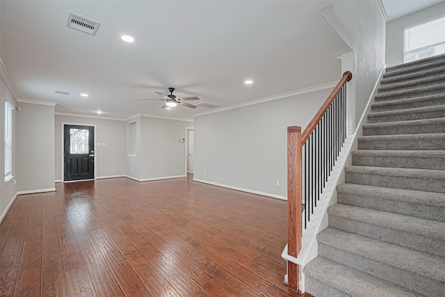 6723 Green Pear Ln, Houston, TX 77049 - entryway with stairway, dark wood finished floors, recessed lighting, plenty of natural light, and a ceiling fan