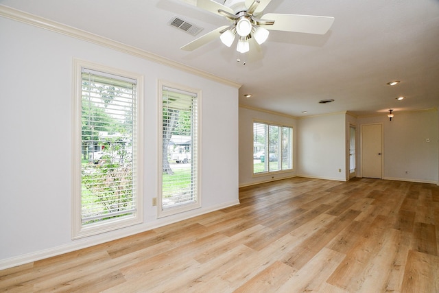 5651 Wigton Dr, Houston, TX 77096 - empty room featuring crown molding, light wood finished floors, baseboards, a ceiling fan, and recessed lighting