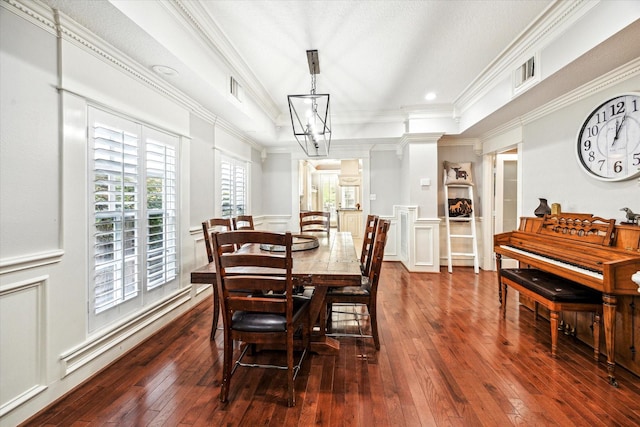 2408 Beall St, Houston, TX 77008 - dining area with ornamental molding, dark wood-style flooring, and recessed lighting