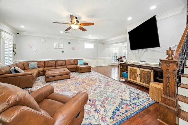 2408 Beall St, Houston, TX 77008 - living area featuring wood finished floors, ornamental molding, ceiling fan, a wainscoted wall, and recessed lighting