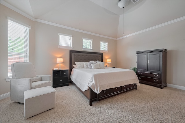 28210 Green Forest Bluff Trl, Katy, TX 77494 - bedroom with light carpet, multiple windows, crown molding, and high vaulted ceiling