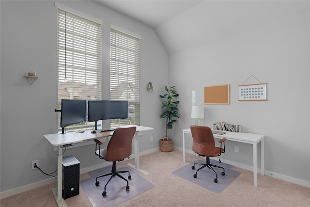 5122 Walnut Grove Ln, Manvel, TX 77578 - home office featuring carpet flooring, vaulted ceiling, and baseboards