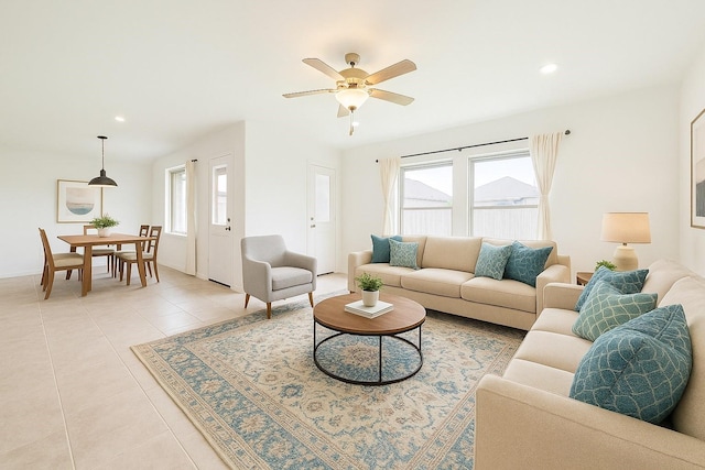 1114 Cattle Chute Ct, Rosharon, TX 77583 - living room featuring plenty of natural light, light tile patterned floors, ceiling fan, and recessed lighting
