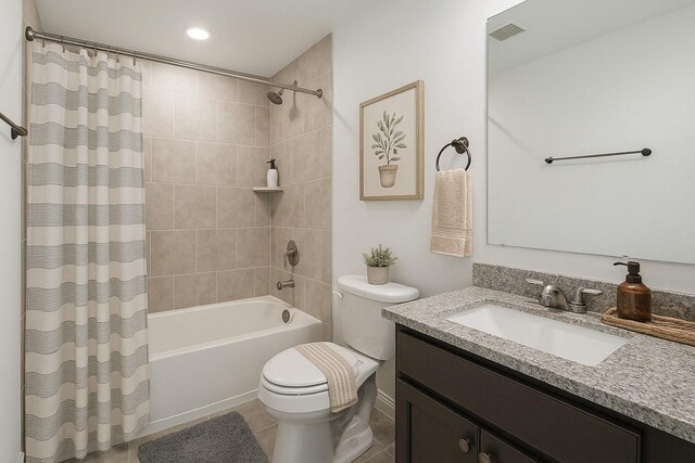 1114 Cattle Chute Ct, Rosharon, TX 77583 - bathroom with vanity, shower / bath combination with curtain, toilet, tile patterned floors, and recessed lighting
