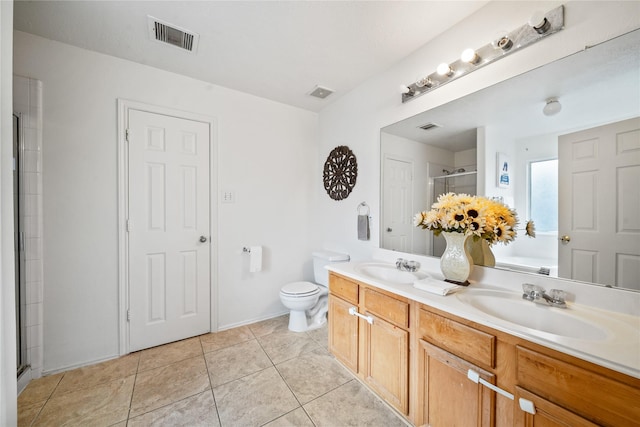 13814 Fort Nelson Dr, Houston, TX 77083 - bathroom featuring double vanity, a stall shower, toilet, tile patterned floors, and a bathtub