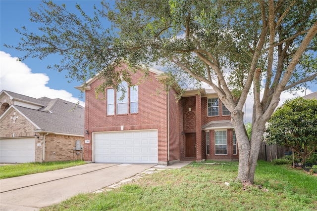 13814 Fort Nelson Dr, Houston, TX 77083 - traditional-style home featuring driveway, a garage, a front yard, and brick siding