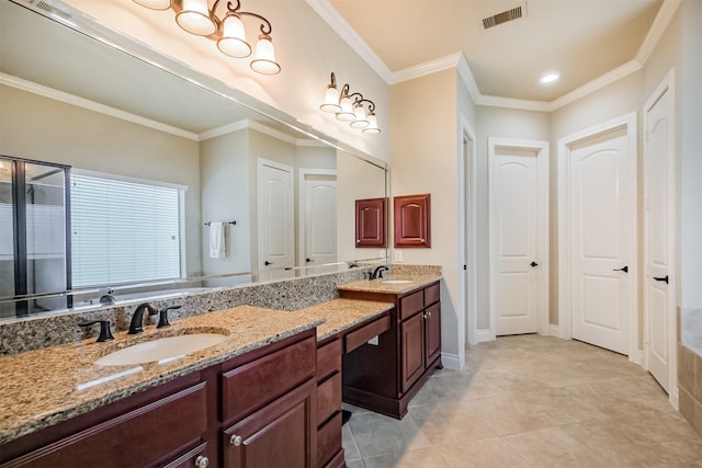 2402 Chesley Park Ct, Katy, TX 77494 - bathroom featuring double vanity, ornamental molding, tile patterned flooring, baseboards, and a shower with door