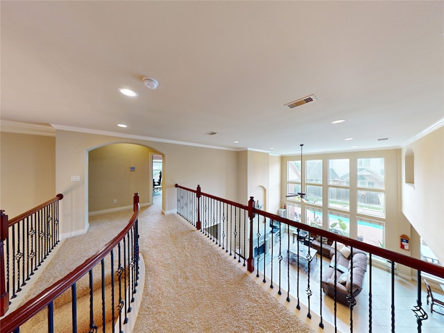 2402 Chesley Park Ct, Katy, TX 77494 - hall featuring recessed lighting, arched walkways, ornamental molding, and light carpet