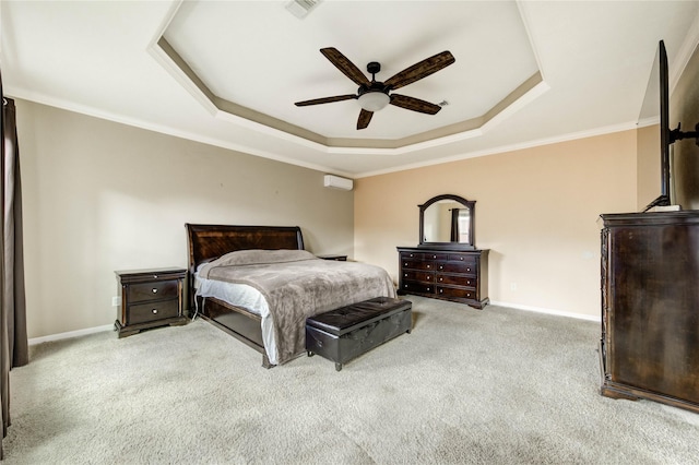 8034 High Hollow Ln, Houston, TX 77070 - bedroom featuring a tray ceiling, carpet floors, ornamental molding, and a ceiling fan