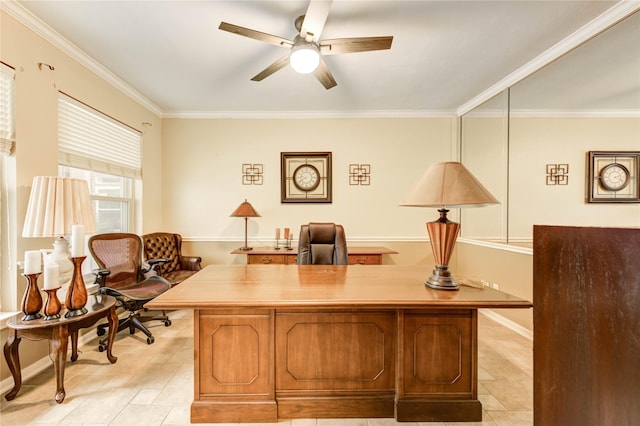 8034 High Hollow Ln, Houston, TX 77070 - home office with ceiling fan, crown molding, and light tile patterned floors