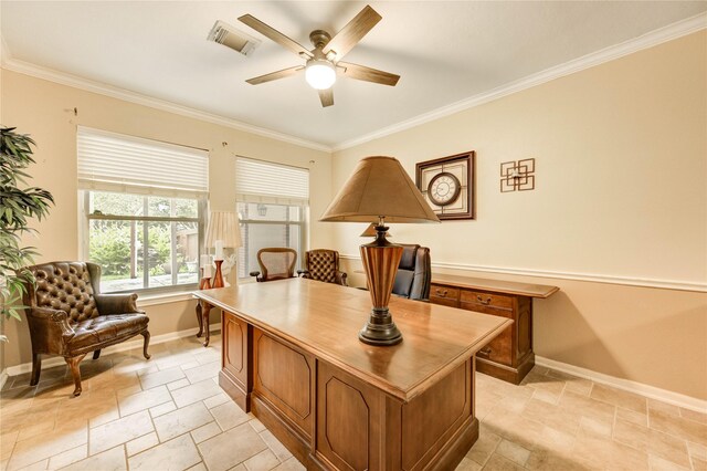 8034 High Hollow Ln, Houston, TX 77070 - office featuring a ceiling fan, stone tile flooring, and ornamental molding