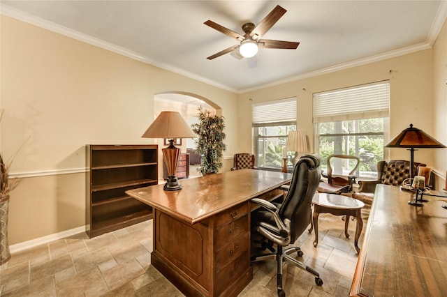 8034 High Hollow Ln, Houston, TX 77070 - office area featuring stone tile flooring, ceiling fan, ornamental molding, and arched walkways