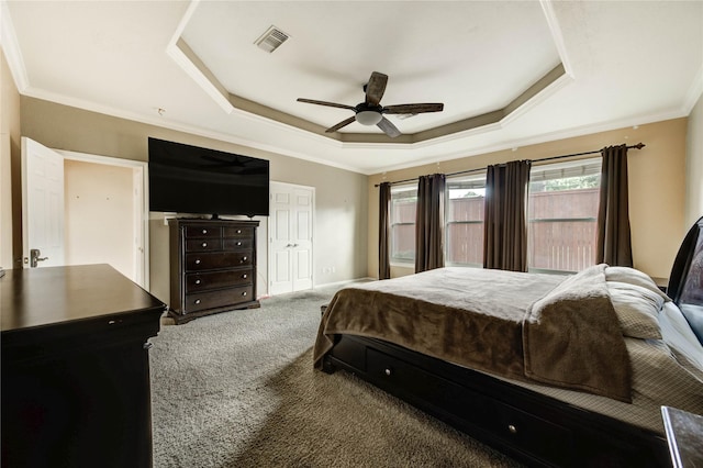 8034 High Hollow Ln, Houston, TX 77070 - bedroom with a tray ceiling, carpet, crown molding, and ceiling fan