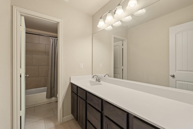 19110 Macallan Ln, Katy, TX 77449 - full bath featuring vanity, tile patterned flooring, and shower / bath combination with curtain