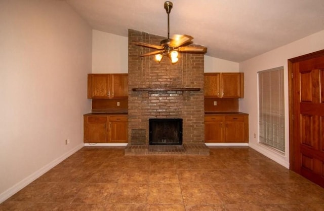 5523 Fair Forest Dr, Houston, TX 77088 - unfurnished living room with vaulted ceiling, a ceiling fan, and a brick fireplace