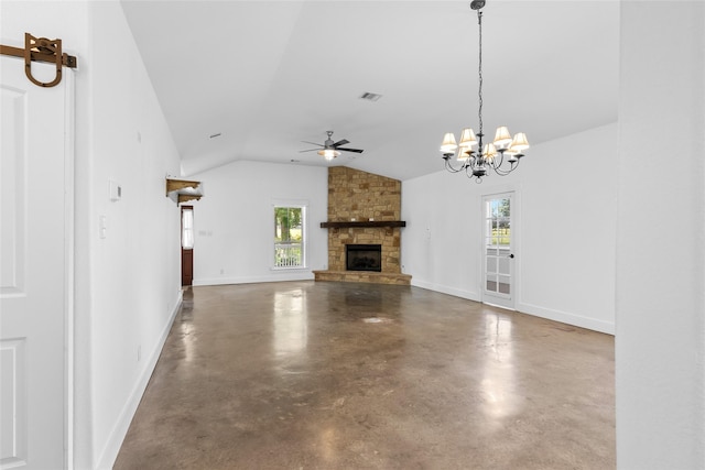 25460 W Fm 1097th Rd, Montgomery, TX 77356 - unfurnished living room featuring a ceiling fan, vaulted ceiling, finished concrete flooring, a fireplace, and a chandelier